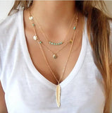 Multi-Layer Necklaces with Feather, Coins and Stone Pendants